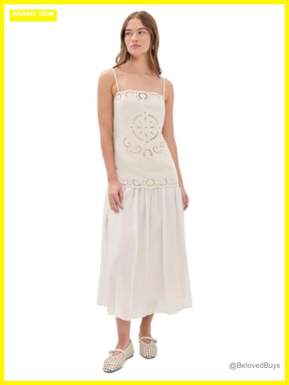 Spaghetti Strap Square Neck Midi Dress Plisse Eyelet Drop Waist Summer